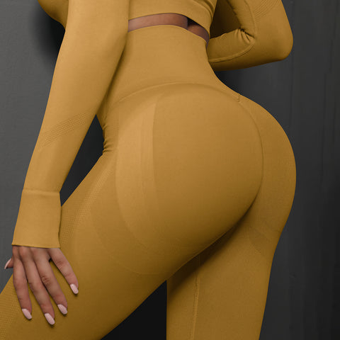 Size L Yellow Seamless High-Waisted Yoga Pants for Women - Lift Workout Leggings for Running, Gym, and Fitness