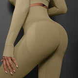 Size M Khaki Seamless High-Waisted Yoga Pants for Women - Lift Workout Leggings for Running, Gym, and Fitness