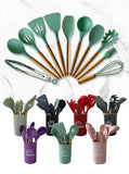 Black And Brown 12-Piece Silicone Kitchen Utensil Set - Non-Stick Food-Grade Silicone Cooking Tools with Wooden Handles and Holder