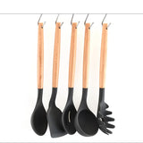 Dark Grey And Brown 12-Piece Silicone Kitchen Utensil Set - Non-Stick Food-Grade Silicone Cooking Tools with Wooden Handles and Holder