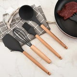 Purple And Brown 12-Piece Silicone Kitchen Utensil Set - Non-Stick Food-Grade Silicone Cooking Tools with Wooden Handles and Holder