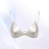 Size L White French Style Mulberry Silk Wireless Bralette - Triangle Cup Anti-Sagging Bra for Fuller Busts, Lightweight Comfort