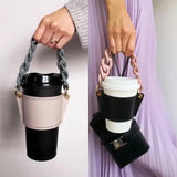 2 Pcs Beige Detachable Chain Coffee Cup Sleeve - PU Leather Insulated Cup Holder with Handle, 16cm Top, 70g(Cup not included, only cup sleeve and chain)
