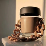 2 Pcs Yellow Detachable Chain Coffee Cup Sleeve - PU Leather Insulated Cup Holder with Handle, 16cm Top, 70g(Cup not included, only cup sleeve and chain)