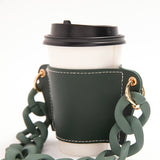 2 Pcs Dark Blue Detachable Chain Coffee Cup Sleeve - PU Leather Insulated Cup Holder with Handle, 16cm Top, 70g(Cup not included, only cup sleeve and chain)