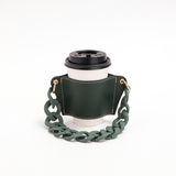 2 Pcs Dark Green Detachable Chain Coffee Cup Sleeve - PU Leather Insulated Cup Holder with Handle, 16cm Top, 70g(Cup not included, only cup sleeve and chain)