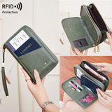 Light Brown RFID Blocking Passport Wallet - Multi-Function Travel Organizer with Double Zipper and Crossbody Strap