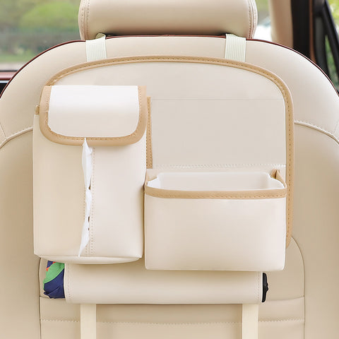 Beige Car Backseat Organizer with Multi-Pocket Storage and PP Trash Bin - 400g Lightweight PU Leather