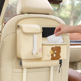 Beige Car Backseat Organizer with Multi-Pocket Storage and PP Trash Bin - 400g Lightweight PU Leather
