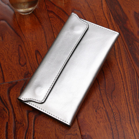 Silver Women's Genuine Leather Long Wallet - Slim Business Clutch with Snap Closure, Multi-Card Holder