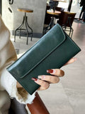 Dark Green Women's Genuine Leather Long Wallet - Slim Business Clutch with Snap Closure, Multi-Card Holder