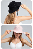 Black Packable Cotton Bucket Hat - Folds into Wearable Pouch | Frayed Edge Sun Hat with Chin Strap