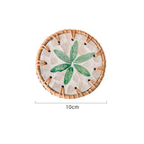 4 Pcs Beige Background With Green flower Handcrafted Rattan Coaster with Natural Shell Inlay - Decorative & Heat Insulating Drink Mat
