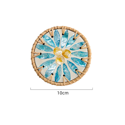 4 Pcs Beige Background With Blue flower Handcrafted Rattan Coaster with Natural Shell Inlay - Decorative & Heat Insulating Drink Mat