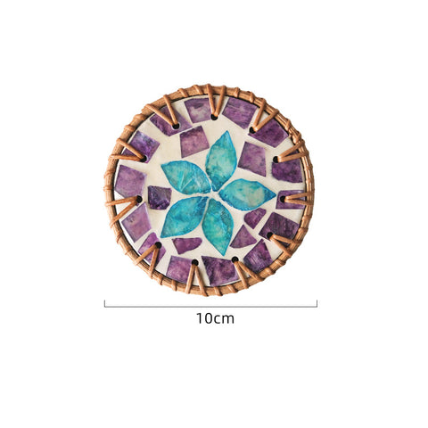 4 Pcs Beige Background With Blue and Purple flower Handcrafted Rattan Coaster with Natural Shell Inlay - Decorative & Heat Insulating Drink Mat