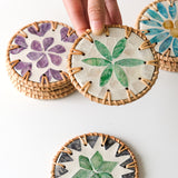 4 Pcs Beige Background With Blue and Purple flower Handcrafted Rattan Coaster with Natural Shell Inlay - Decorative & Heat Insulating Drink Mat