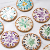 4 Pcs Beige Background With Blue and Pink flower Handcrafted Rattan Coaster with Natural Shell Inlay - Decorative & Heat Insulating Drink Mat