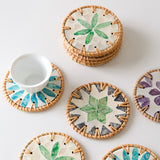 4 Pcs Khaki Background With Pink flower Handcrafted Rattan Coaster with Natural Shell Inlay - Decorative & Heat Insulating Drink Mat