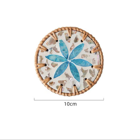 4 Pcs Khaki Background With Blue flower Handcrafted Rattan Coaster with Natural Shell Inlay - Decorative & Heat Insulating Drink Mat