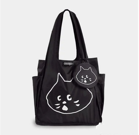 Black Foldable Waterproof Shopping Tote Bag Set - Large Capacity Lightweight Reusable Grocery Bag with Matching Pouch