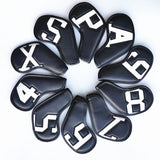White Words On Black Background PU Leather Golf Iron Headcovers Set (10pcs) - Numbered Protective Club Covers (4-9, P, A, S, L) Universal Fit