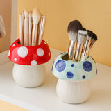 Blue Adorable Ceramic Mushroom Desk Organizer - Cute Pen & Makeup Brush Holder