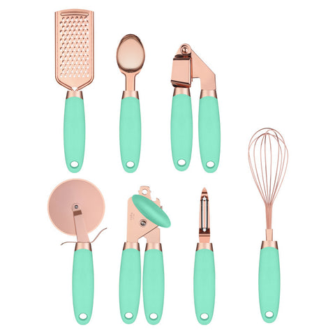 Green And Rose Gold 7-Piece Kitchen Gadget Set - Stainless Steel Utensils with Comfort Grip Handles