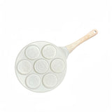 Beige Cartoon + Wood Grain Handle (Gas Model) Non-Stick Pancake Pan - 7-Hole Fun Shapes Breakfast Griddle (27cm)