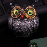 3Pcs Green Small Decorative Resin Owl Figurine - Textured Statue with Blue Eyes