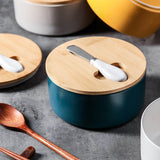 Yellow Nordic Ceramic Butter Dish with Knife - Airtight Cheese Container with Bamboo Lid, Kitchen Storage