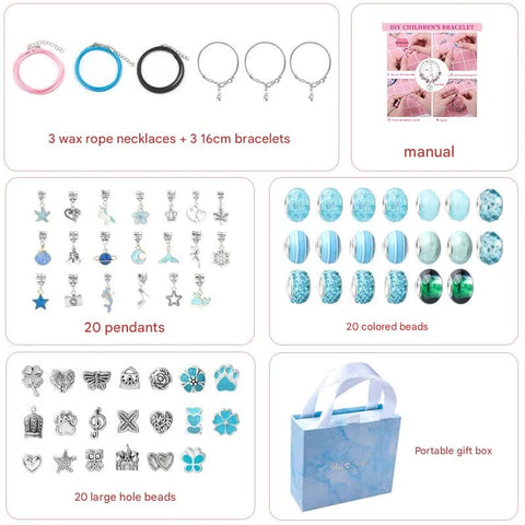 Unicorn DIY Beaded Bracelet Kit for Kids - Blue Crystal Beads and Charms Jewelry Set with Gift Box