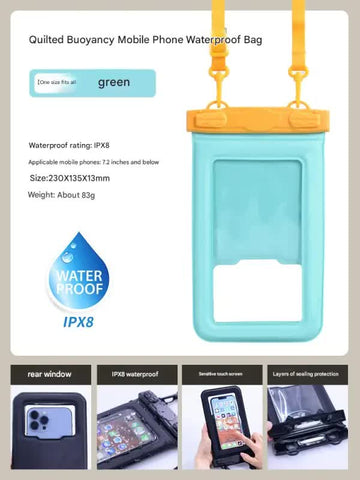 IPX8 Waterproof Phone Pouch with Inflatable Floating Layer,Touchscreen Dry Bag for Swimming(green)