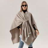 Solid Knit Poncho Shawl,Warm Fall/Winter Cape with Slit and Crossbar Design(Red)