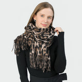 Stylish Animal Print Scarf - Warm Fall/Winter Shawl with Tassels, Imitation Cashmere(Dark green)