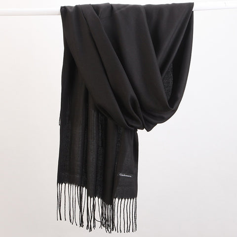 Luxe Soft Imitation Cashmere Scarf - Warm Solid Tone Shawl with Elegant Fringe(Pure black)