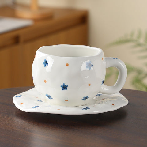 Hand-Painted Ceramic Coffee Cup and Saucer Set - Vintage Afternoon Tea(Blue five-pointed star)