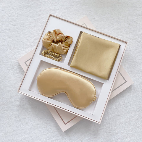 Luxury Satin Sleep Mask Gift Set,4-Piece with Pillowcase and Hair Accessories(Gold)
