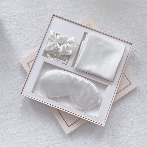 Luxury Satin Sleep Mask Gift Set,4-Piece with Pillowcase and Hair Accessories(White)