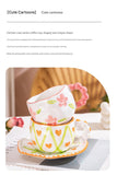Hand-Painted Ceramic Coffee Mug and Saucer Set - Whimsical Afternoon Tea Cup with Spoon(White cloud-green)