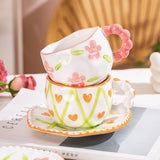 Hand-Painted Ceramic Coffee Mug and Saucer Set - Whimsical Afternoon Tea Cup with Spoon(Pink-edged bow)