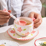 Hand-Painted Ceramic Coffee Mug and Saucer Set - Whimsical Afternoon Tea Cup with Spoon(Black-edged bow)