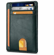 Slim Minimalist Leather Wallet with ID Window & RFID Blocking - Holds 12 Cards & Cash(Dark green)