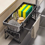 Kitchen Sink Caddy Organizer with Towel Bar & Drain Tray - Durable Metal Sponge Holder(Black)