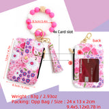 Floral Slim Card Holder Wallet with Beaded Keychain Bracelet & Tassel - 4 Card Slots, ID Window(Dark Pink)