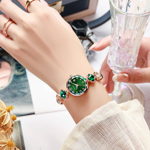 Green Women's Four-Leaf Clover Quartz Watch with Red Dial and Crystal Accents