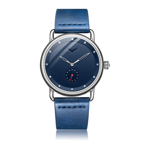 Blue Elegant Men's Watch with Leather Band - Small Seconds, Onion Crown Detail