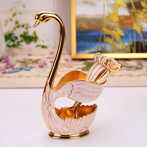 Elegant Swan Base Spoon Holder Set with 6 Coffee/Dessert Spoons(Gold and white spoon)