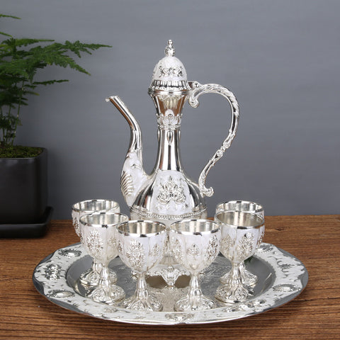 Vintage Palace Style Liquor Serving Set - Metal Pot, 6 Cups & Tray (Silver)