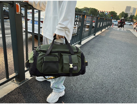 Green Unisex Travel Bag with Utility Buckles and Wet/Dry Compartments