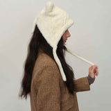 White Fluffy Cat Ear Winter Earflap Hat Women Knitted Warm Cold Weather Cap